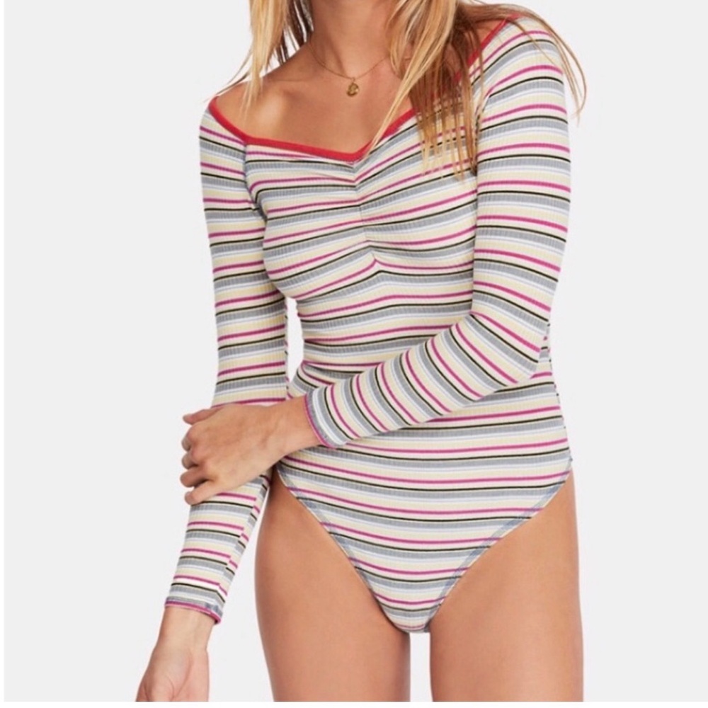 Free People Red and Gray Fitted Ribbed Bodysuit